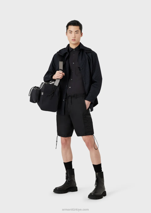 erkekler Armani Tamamı kartal logolu jakarlı naylon kapşonlu ters çevrilebilir mont lacivert T8HD1322