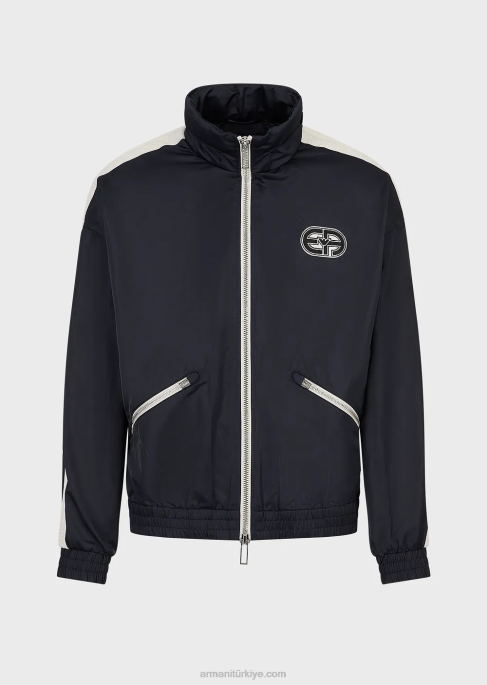 erkekler Armani her yama ve çizgili, geri dönüştürülmüş naylondan tam fermuarlı, kapüşonlu mont lacivert T8HD1315