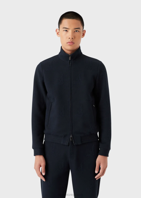 erkekler Armani kabartmalı boydan boya kartal jarse tam boy fermuarlı bluz lacivert T8HD1320