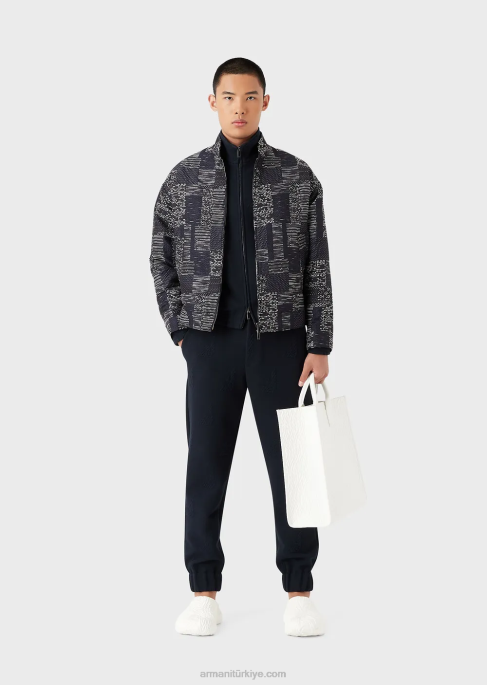 erkekler Armani kabartmalı boydan boya kartal jarse tam boy fermuarlı bluz lacivert T8HD1320