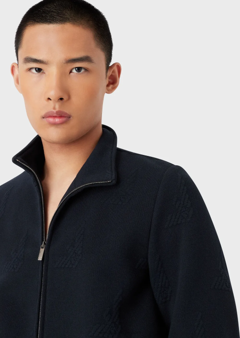 erkekler Armani kabartmalı boydan boya kartal jarse tam boy fermuarlı bluz lacivert T8HD1320