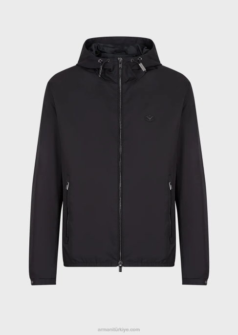 erkekler Armani kapüşonlu ve logo yamalı su geçirmez naylon mont lacivert T8HD1343
