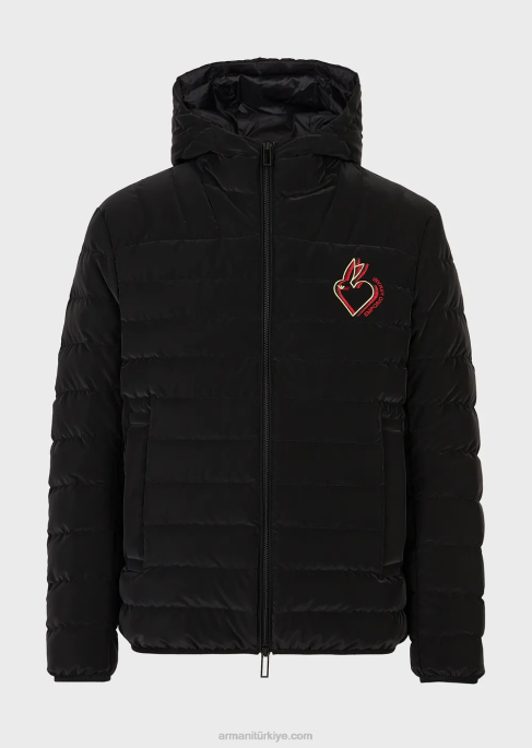 erkekler Armani kapitone naylon kapüşonlu ceket siyah T8HD1313