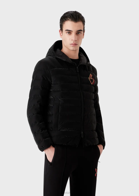 erkekler Armani kapitone naylon kapüşonlu ceket siyah T8HD1313