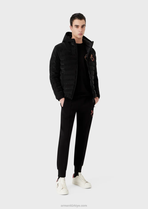 erkekler Armani kapitone naylon kapüşonlu ceket siyah T8HD1313