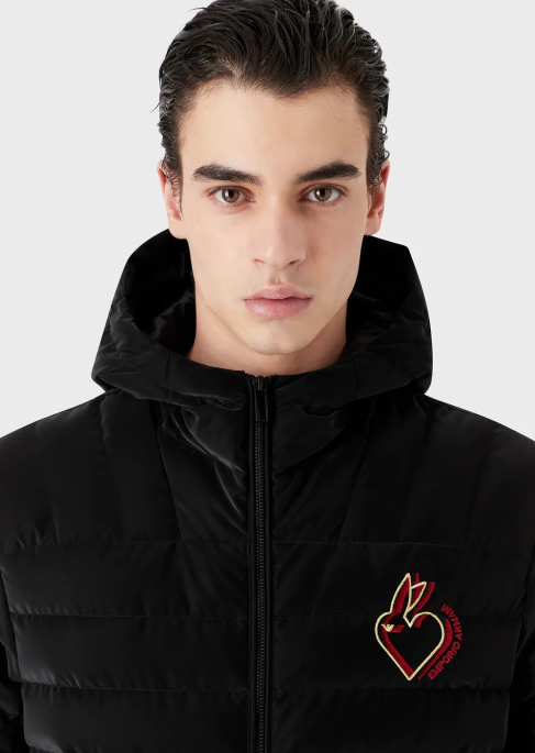 erkekler Armani kapitone naylon kapüşonlu ceket siyah T8HD1313