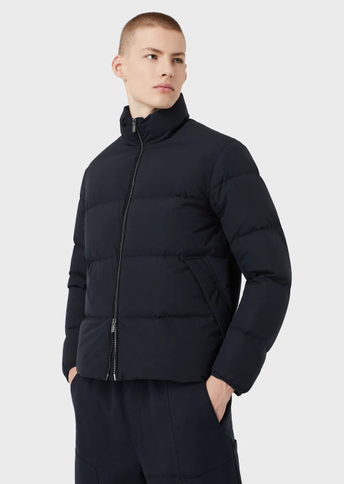 erkekler Armani kapitone naylon, tam boy fermuarlı şişme mont lacivert T8HD1363