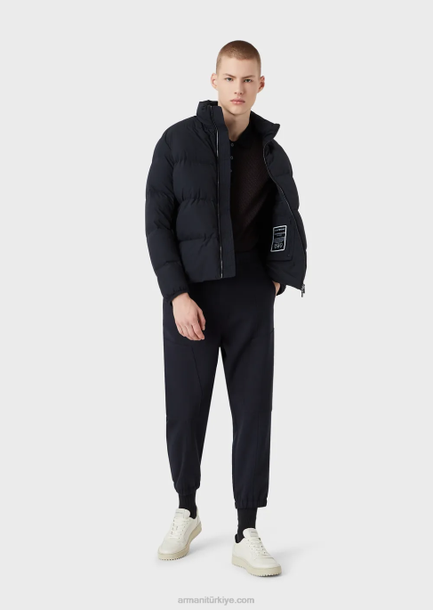 erkekler Armani kapitone naylon, tam boy fermuarlı şişme mont lacivert T8HD1363