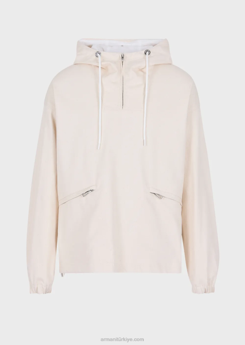 erkekler Armani logolu büyük boy grafik baskılı pamuklu boğa kapşonlu anorak süt beyazı T8HD1326