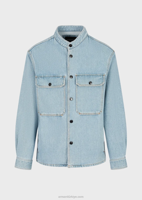 erkekler Armani nehru yakalı kenevir karışımlı kot ceket açık mavi T8HD1319