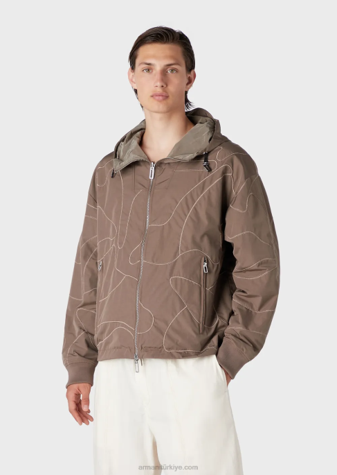 erkekler Armani renk uyumlu kamuflaj hafif dalgalı naylondan çift taraflı kapüşonlu bluz kahverengi T8HD1305