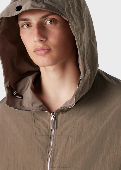 erkekler Armani renk uyumlu kamuflaj hafif dalgalı naylondan çift taraflı kapüşonlu bluz kahverengi T8HD1305