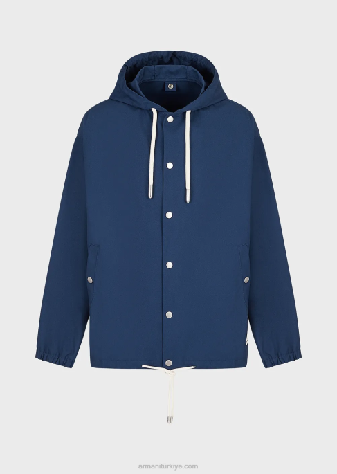 erkekler Armani sürdürülebilir koleksiyon geri dönüştürülmüş kanvas kapşonlu mont mavi T8HD1347