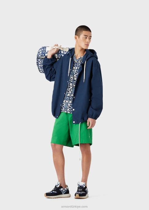 erkekler Armani sürdürülebilir koleksiyon geri dönüştürülmüş kanvas kapşonlu mont mavi T8HD1347