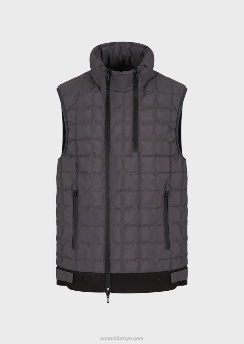 erkekler Armani travel essentials su tutmaz kapitone geri dönüştürülmüş naylon tam fermuarlı kolsuz şişme ceket koyu gri T8HD1309