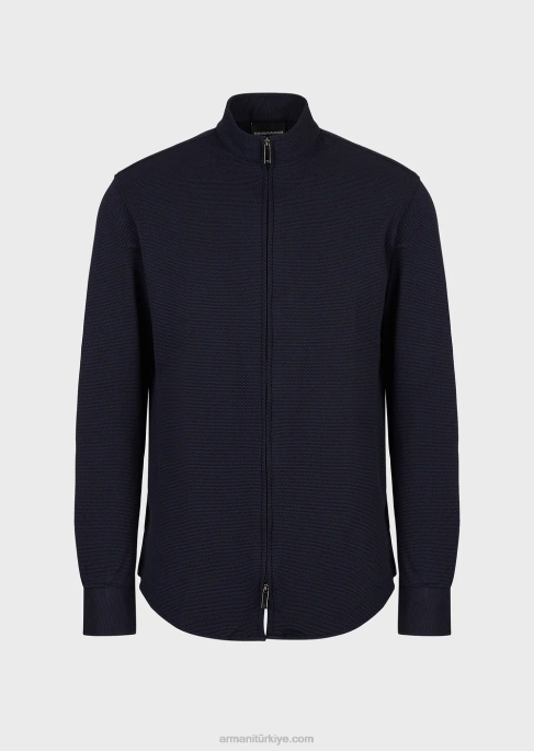 erkekler Armani 3 boyutlu streç teknik jarse tam fermuarlı nehru yakalı gömlek/ceket lacivert T8HD1104