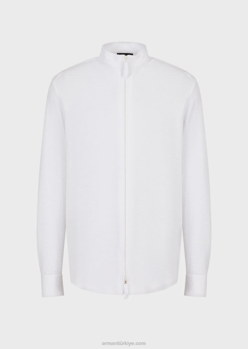 erkekler Armani 3 boyutlu streç teknik jarse tam fermuarlı nehru yakalı gömlek/ceket süt beyazı T8HD1105