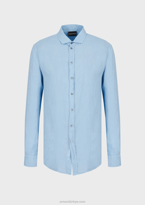 erkekler Armani Fransız yakalı, kumaş boyalı keten gömlek masmavi T8HD1082
