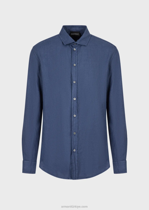 erkekler Armani Fransız yakalı, kumaş boyalı keten gömlek mavi T8HD1083