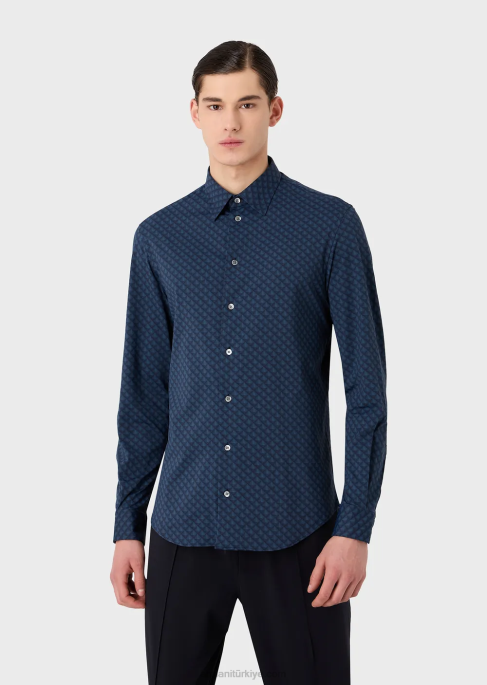 erkekler Armani Kravat baskılı geri dönüştürülmüş kumaştan streç gömlek mavi T8HD1094