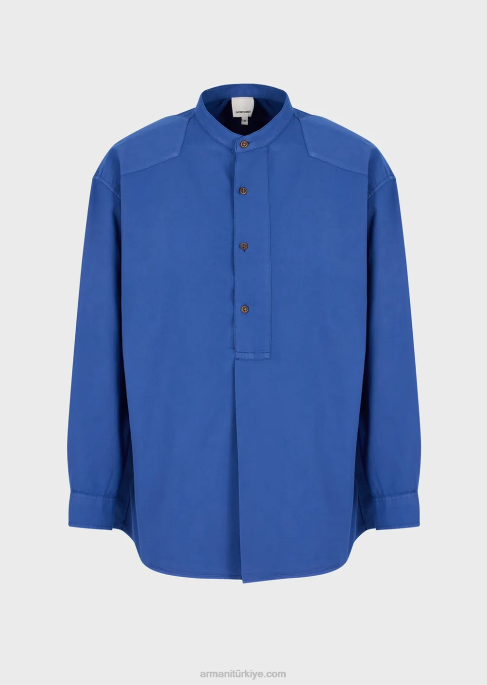 erkekler Armani Sürdürülebilir koleksiyon Guru yakalı, giysi boyamalı, organik müslin gömlek mavi T8HD1079
