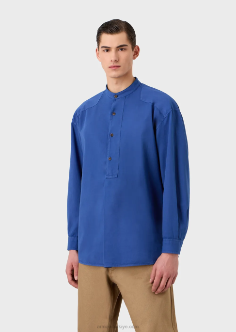 erkekler Armani Sürdürülebilir koleksiyon Guru yakalı, giysi boyamalı, organik müslin gömlek mavi T8HD1079