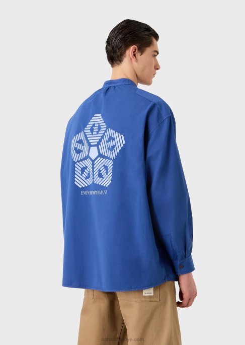 erkekler Armani Sürdürülebilir koleksiyon Guru yakalı, giysi boyamalı, organik müslin gömlek mavi T8HD1079
