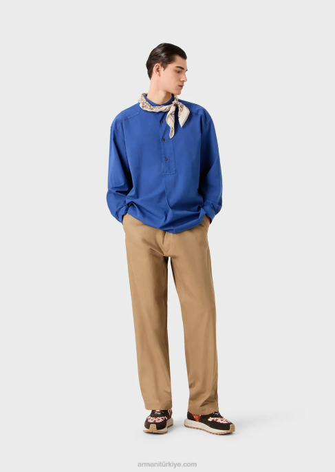 erkekler Armani Sürdürülebilir koleksiyon Guru yakalı, giysi boyamalı, organik müslin gömlek mavi T8HD1079