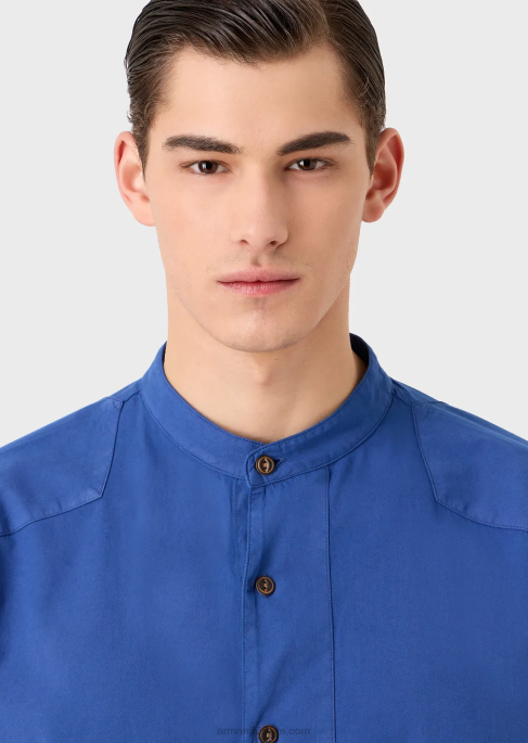 erkekler Armani Sürdürülebilir koleksiyon Guru yakalı, giysi boyamalı, organik müslin gömlek mavi T8HD1079
