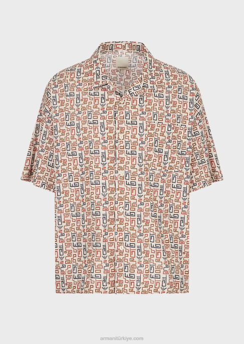 erkekler Armani Sürdürülebilir koleksiyon, tüm yüzeyi baskılı organik müslin kısa kollu gömlek bej T8HD1077