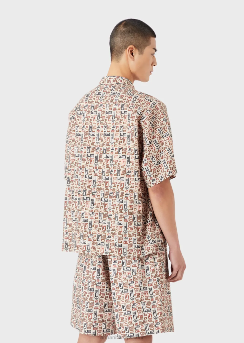 erkekler Armani Sürdürülebilir koleksiyon, tüm yüzeyi baskılı organik müslin kısa kollu gömlek bej T8HD1077