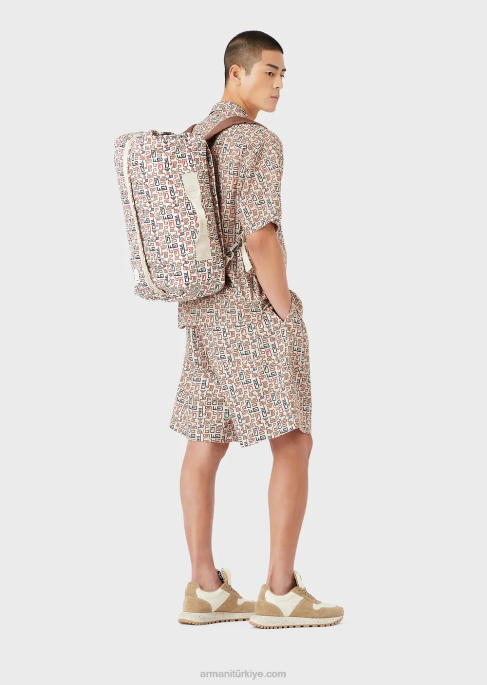 erkekler Armani Sürdürülebilir koleksiyon, tüm yüzeyi baskılı organik müslin kısa kollu gömlek bej T8HD1077