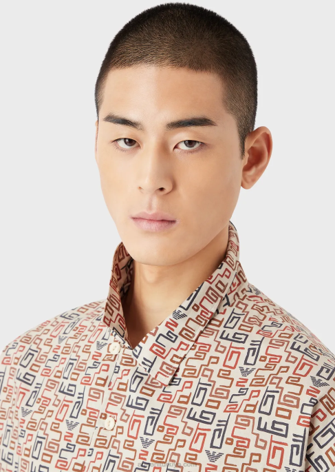 erkekler Armani Sürdürülebilir koleksiyon, tüm yüzeyi baskılı organik müslin kısa kollu gömlek bej T8HD1077