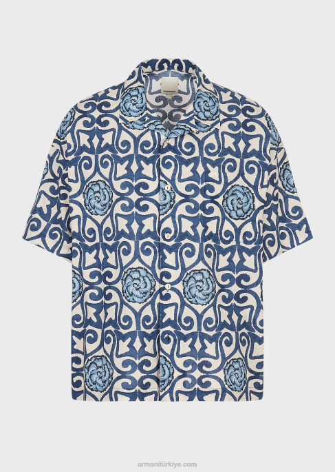 erkekler Armani Sürdürülebilir koleksiyon, tüm yüzeyi baskılı organik müslin kısa kollu gömlek model T8HD1076