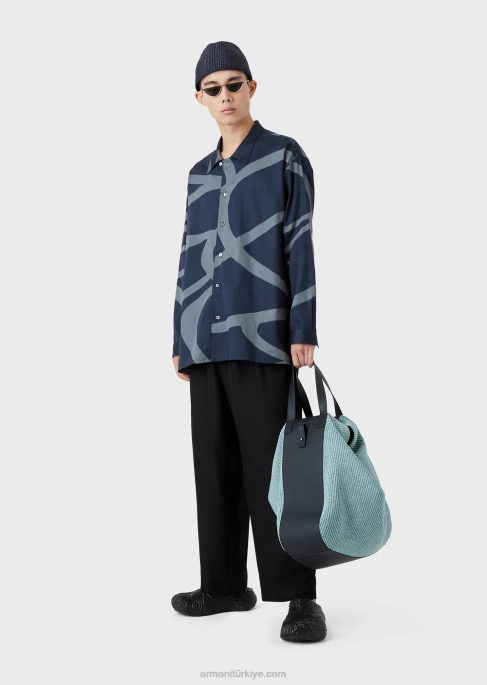 erkekler Armani Tümüyle büyük beden grafik baskılı pamuklu gömlek model T8HD1091
