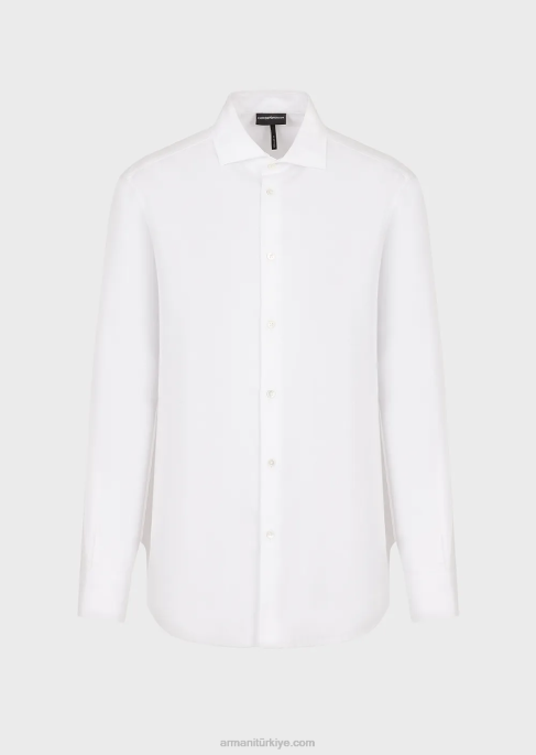 erkekler Armani boydan boya jakar imza logolu pamuklu gömlek beyaz T8HD1096