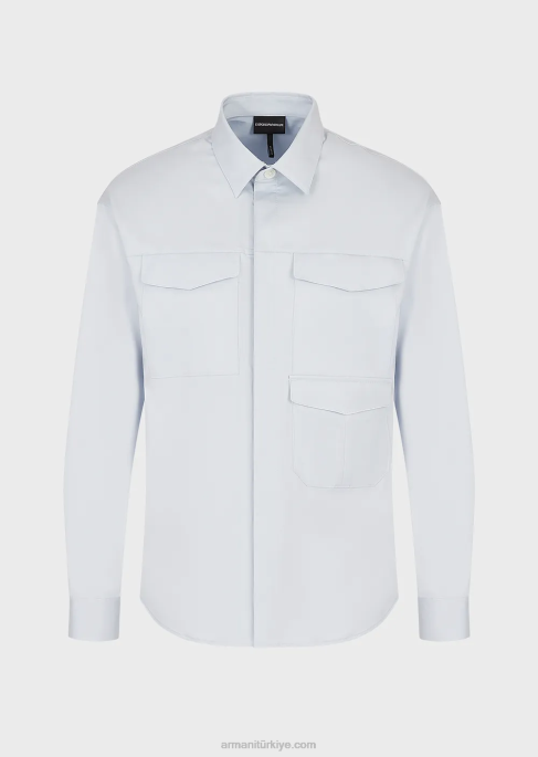 erkekler Armani cepli hafif liyosel karışımlı saten gömlek masmavi T8HD1073