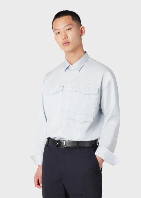 erkekler Armani cepli hafif liyosel karışımlı saten gömlek masmavi T8HD1073