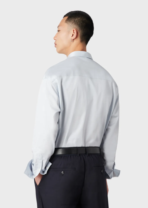 erkekler Armani cepli hafif liyosel karışımlı saten gömlek masmavi T8HD1073