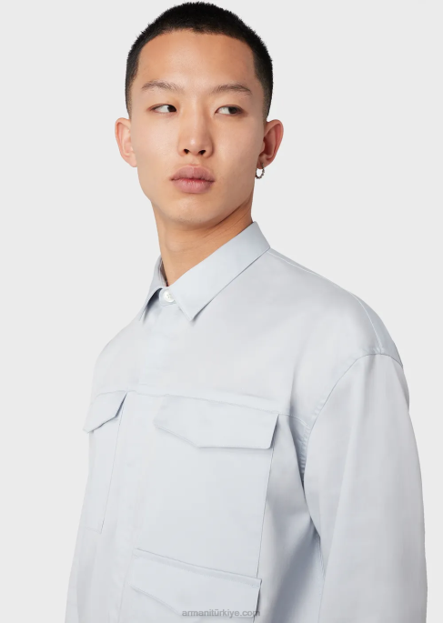 erkekler Armani cepli hafif liyosel karışımlı saten gömlek masmavi T8HD1073