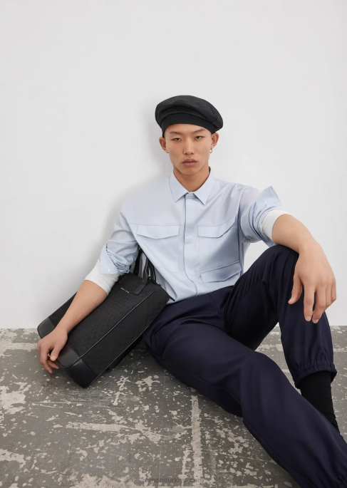 erkekler Armani cepli hafif liyosel karışımlı saten gömlek masmavi T8HD1073