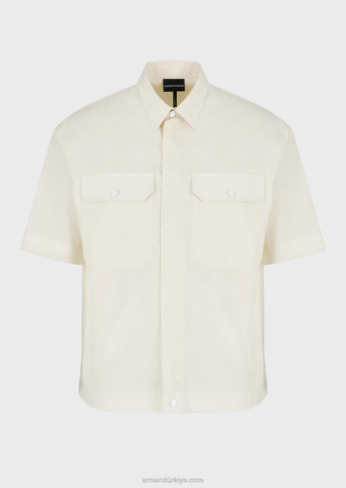 erkekler Armani cepli pima poplin kısa kollu gömlek bej T8HD1059