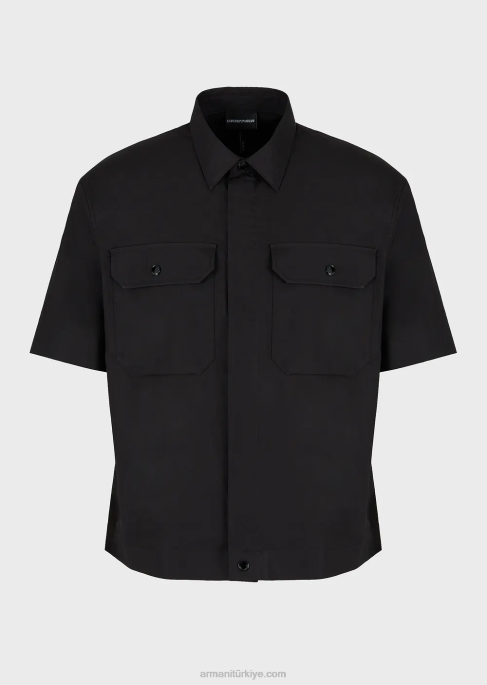 erkekler Armani cepli pima poplin kısa kollu gömlek siyah T8HD1058