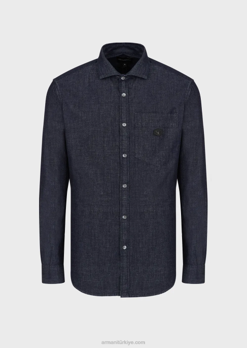 erkekler Armani cepli ve mikro kartal yamalı denim gömlek lacivert T8HD1106