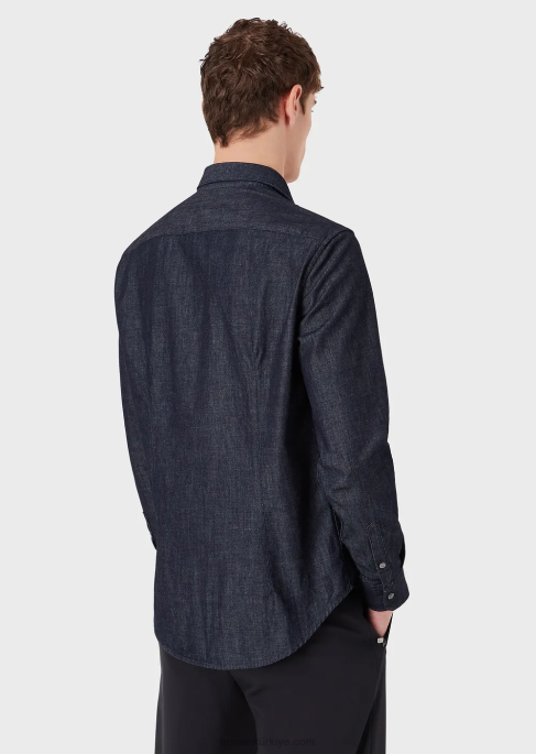 erkekler Armani cepli ve mikro kartal yamalı denim gömlek lacivert T8HD1106