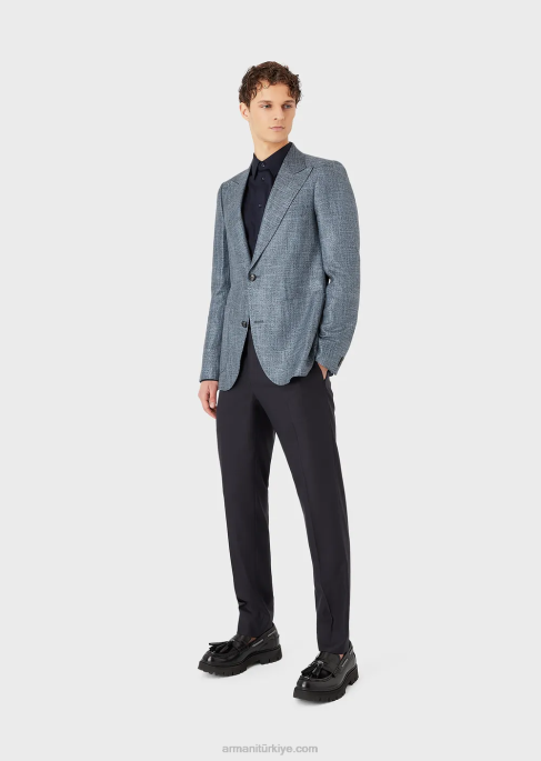 erkekler Armani dik yakalı, modern kesim, streç poplin gömlek masmavi T8HD1128