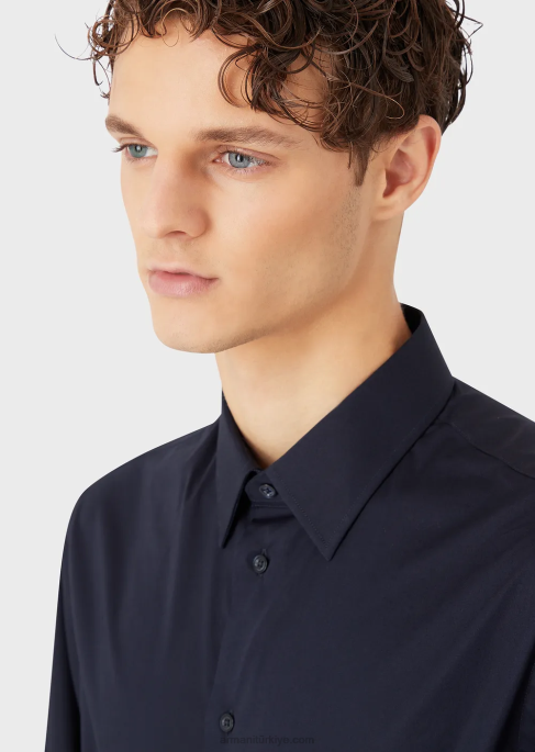 erkekler Armani dik yakalı, modern kesim, streç poplin gömlek masmavi T8HD1128