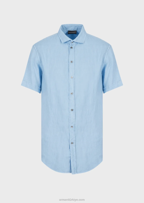 erkekler Armani fransız yakalı, keten kısa kollu gömlek masmavi T8HD1065
