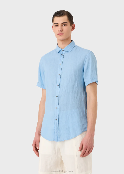 erkekler Armani fransız yakalı, keten kısa kollu gömlek masmavi T8HD1065
