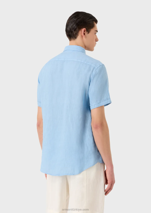 erkekler Armani fransız yakalı, keten kısa kollu gömlek masmavi T8HD1065